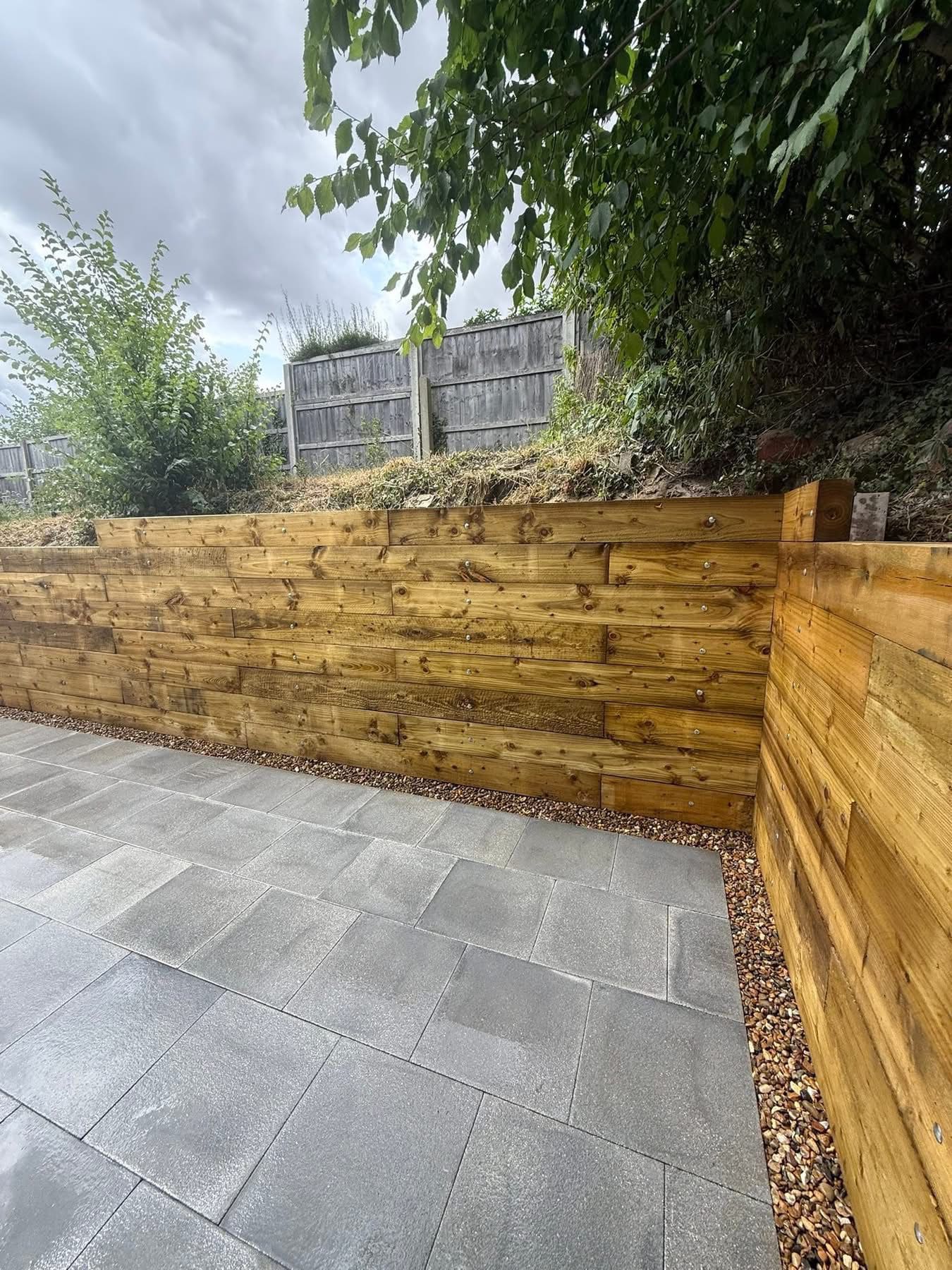 Completed landscaping project with patio and garden features